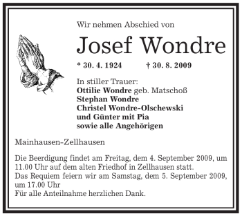 Traueranzeige von Josef Wondre von OFFENBACH-POST/HANAU-POST