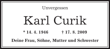 Traueranzeige von Karl Curik von OFFENBACH-POST/HANAU-POST
