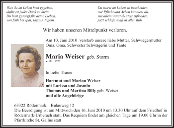 Traueranzeige von Maria Weiser von OFFENBACH-POST/HANAU-POST