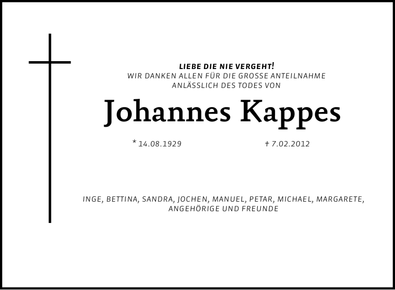  Traueranzeige für Johannes Kappes vom 16.03.2012 aus OFFENBACH-POST/HANAU-POST