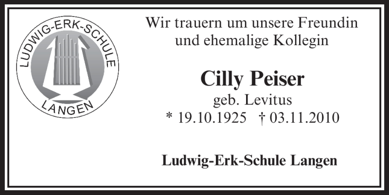  Traueranzeige für Cilly Peiser vom 08.11.2010 aus OFFENBACH-POST/HANAU-POST
