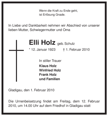 Traueranzeige von Elli Holz von OFFENBACH-POST/HANAU-POST