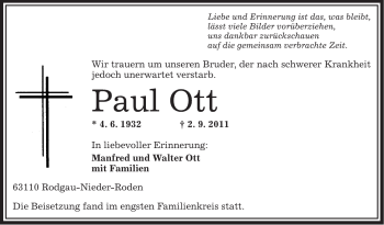 Traueranzeige von Paul Ott von OFFENBACH-POST/HANAU-POST