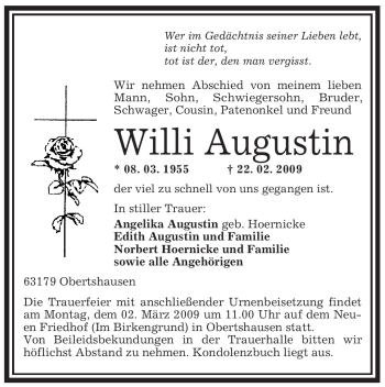 Traueranzeige von Willi Augustin von OFFENBACH-POST/HANAU-POST