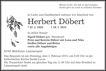 Traueranzeige von Herbert Döbert von Offenbach