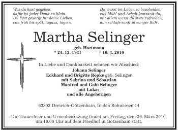 Traueranzeige von Martha Selinger von OFFENBACH-POST/HANAU-POST