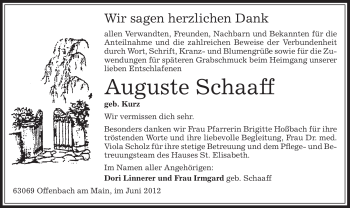 Traueranzeige von Auguste Schaaff von OFFENBACH-POST/HANAU-POST