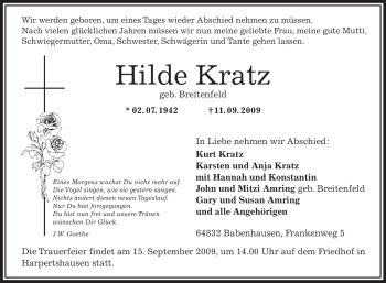 Traueranzeige von Hilde Kratz von OFFENBACH-POST/HANAU-POST