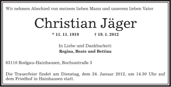 Traueranzeige von Christian Jäger von OFFENBACH-POST/HANAU-POST