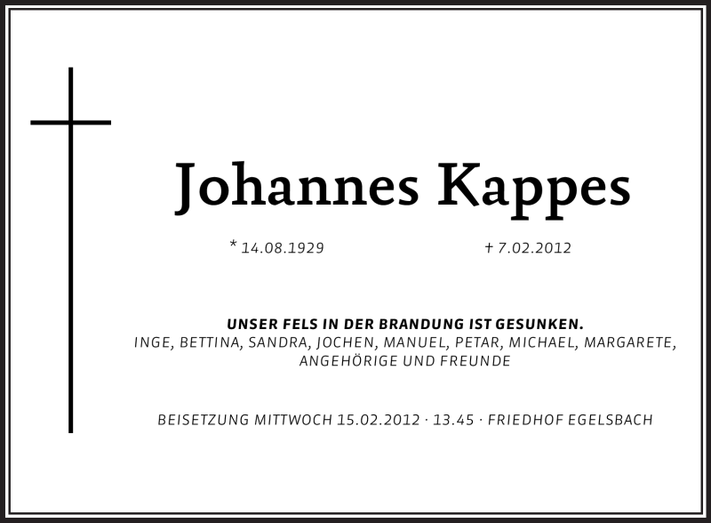  Traueranzeige für Johannes Kappes vom 10.02.2012 aus OFFENBACH-POST/HANAU-POST