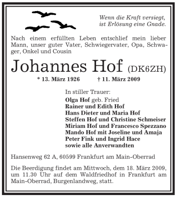 Traueranzeige von Johannes Hof von OFFENBACH-POST/HANAU-POST