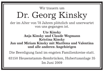 Traueranzeige von Georg Kinsky von OFFENBACH-POST/HANAU-POST