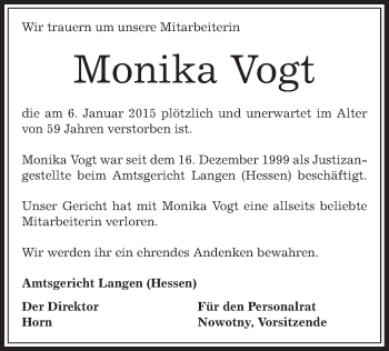 Traueranzeige von Monika Vogt von Offenbach