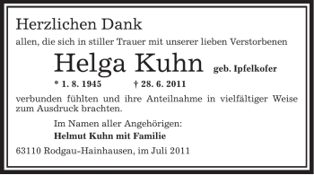 Traueranzeige von Helga Kuhn von OFFENBACH-POST/HANAU-POST