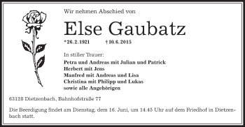 Traueranzeige von Else Gaubatz von Offenbach