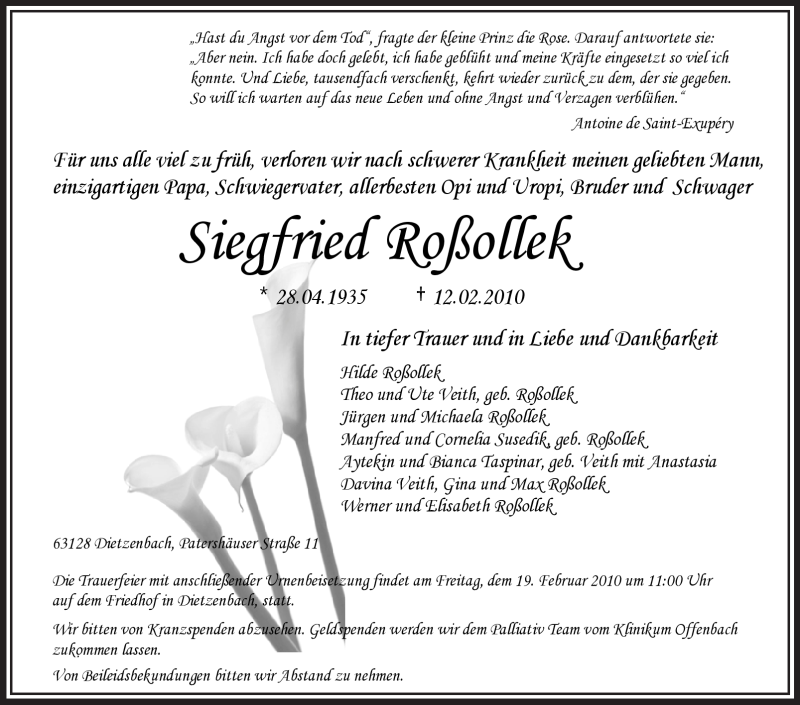  Traueranzeige für Siegfried Roßollek vom 17.02.2010 aus OFFENBACH-POST/HANAU-POST
