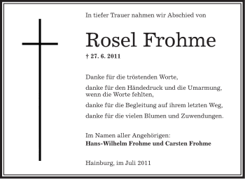 Traueranzeige von Rosel Frohme von OFFENBACH-POST/HANAU-POST