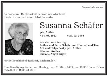 Traueranzeige von Susana Schäfer von OFFENBACH-POST/HANAU-POST