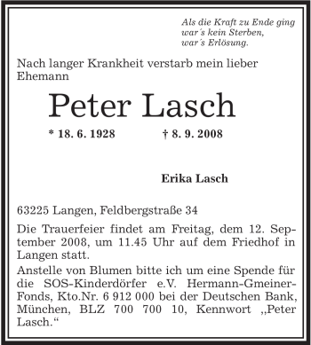 Traueranzeige von Peter Lasch von OFFENBACH-POST/HANAU-POST