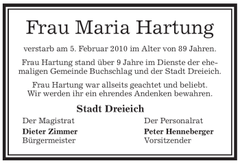 Traueranzeige von Maria Hartung von OFFENBACH-POST/HANAU-POST