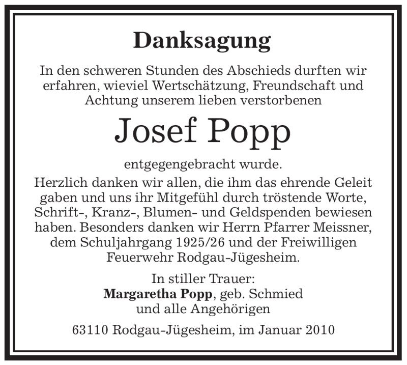  Traueranzeige für Josef Popp vom 06.02.2010 aus OFFENBACH-POST/HANAU-POST