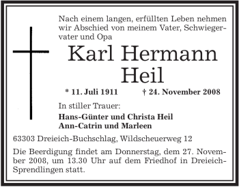 Traueranzeige von Karl Hermann Heil von OFFENBACH-POST/HANAU-POST