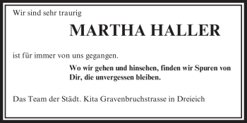 Traueranzeige von MARTHA HALLER von OFFENBACH-POST/HANAU-POST