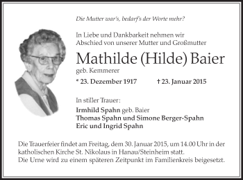 Traueranzeige von Mathilde Baier von Offenbach