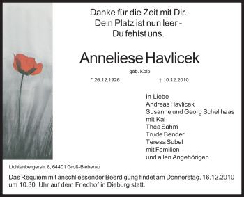 Traueranzeige von Anneliese Havlicek von OFFENBACH-POST/HANAU-POST