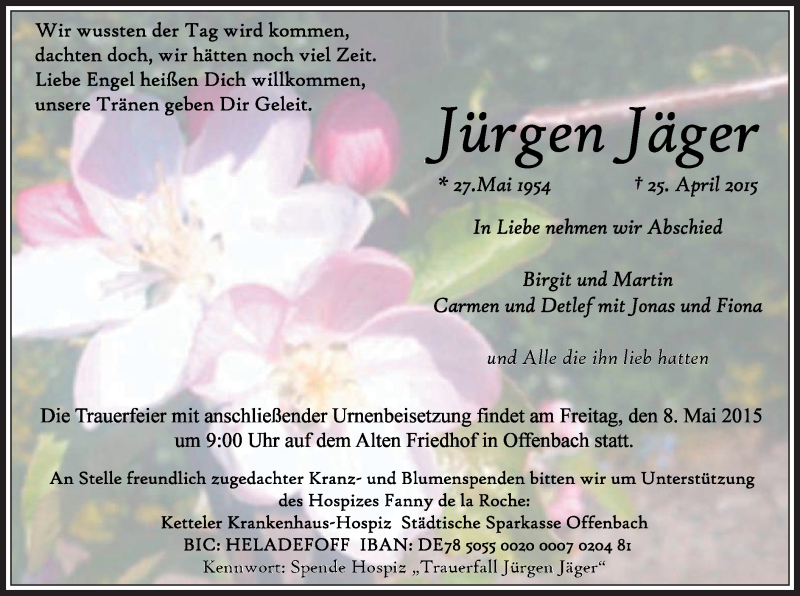  Traueranzeige für Jürgen Jäger vom 01.05.2015 aus Offenbach