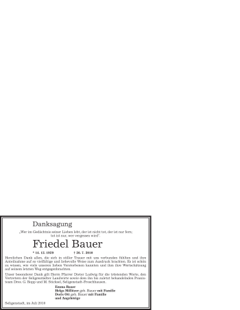 Traueranzeige von Friedel Bauer von OFFENBACH-POST/HANAU-POST