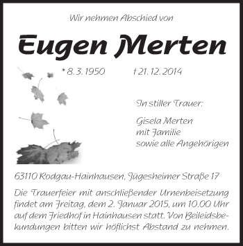 Traueranzeige von Eugen Merten von Offenbach