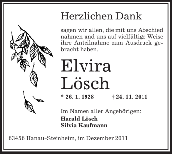 Traueranzeige von Elvira Lösch von OFFENBACH-POST/HANAU-POST