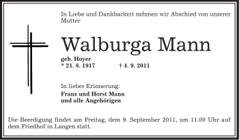 Traueranzeige von Walburga Mann von OFFENBACH-POST/HANAU-POST