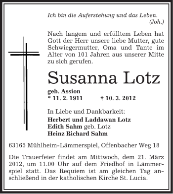 Traueranzeige von Susanna Lotz von OFFENBACH-POST/HANAU-POST