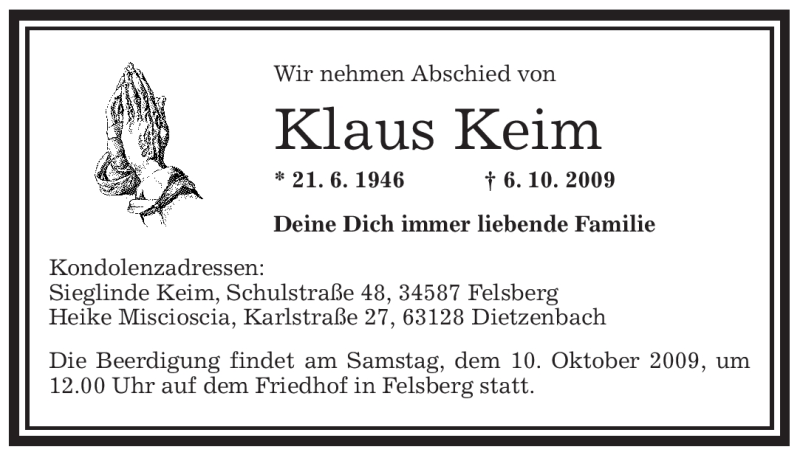  Traueranzeige für Klaus Keim vom 09.10.2009 aus OFFENBACH-POST/HANAU-POST