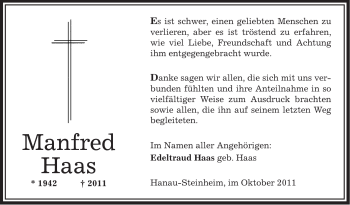 Traueranzeige von Manfred Haas von OFFENBACH-POST/HANAU-POST