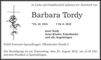 Traueranzeige von Barbara Tordy von OFFENBACH-POST/HANAU-POST