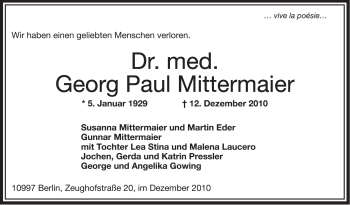 Traueranzeige von Georg Paul Mittermaier von OFFENBACH-POST/HANAU-POST