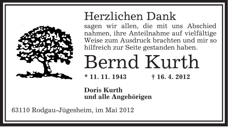  Traueranzeige für Bernd Kurth vom 03.05.2012 aus OFFENBACH-POST/HANAU-POST