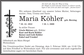 Traueranzeige von Maria Köhler von OFFENBACH-POST/HANAU-POST