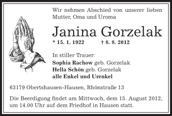 Traueranzeige von Janina Gorzelak von OFFENBACH-POST/HANAU-POST