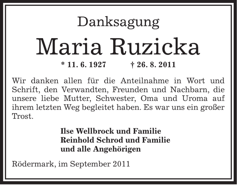  Traueranzeige für Maria Ruzicka vom 08.09.2011 aus OFFENBACH-POST/HANAU-POST