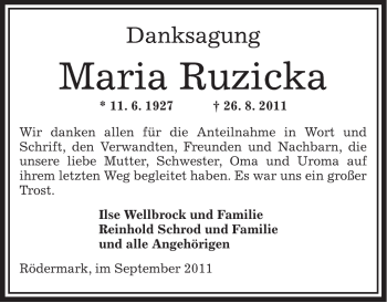 Traueranzeige von Maria Ruzicka von OFFENBACH-POST/HANAU-POST