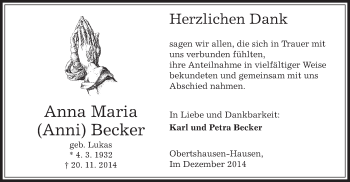 Traueranzeige von Anna Maria Becker von Offenbach