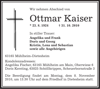 Traueranzeige von Ottmar Kaiser von OFFENBACH-POST/HANAU-POST