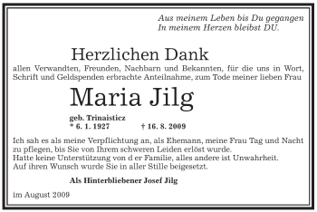 Traueranzeige von Maria Jilg von OFFENBACH-POST/HANAU-POST