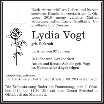 Traueranzeige von Lydia Vogt von OFFENBACH-POST/HANAU-POST