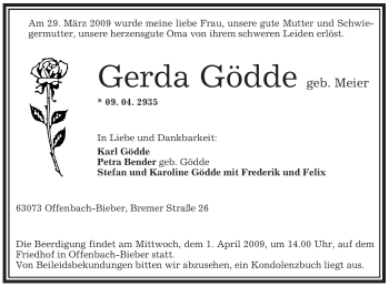 Traueranzeige von Gerda Gödde von OFFENBACH-POST/HANAU-POST