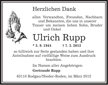 Traueranzeige von Ulrich Rupp von OFFENBACH-POST/HANAU-POST